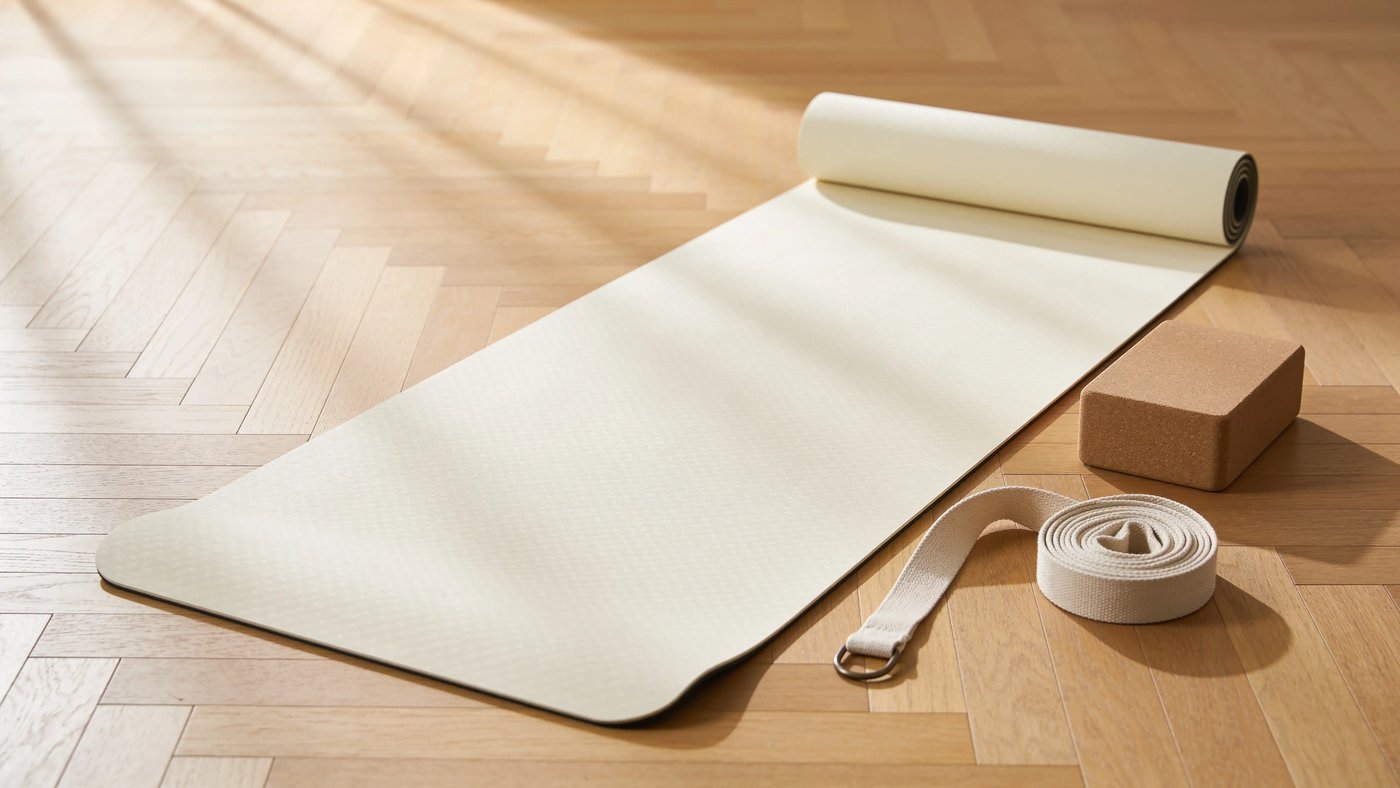 Hatha yoga - sabah ışığında sade stüdyoda açık yoga matı, blok ve kemer