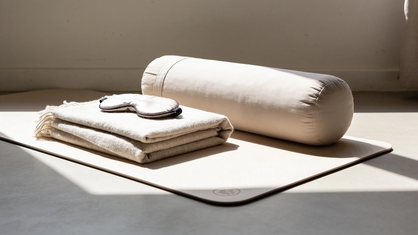 Restoratif yoga - mat üstünde bolster, battaniye ve göz yastığı