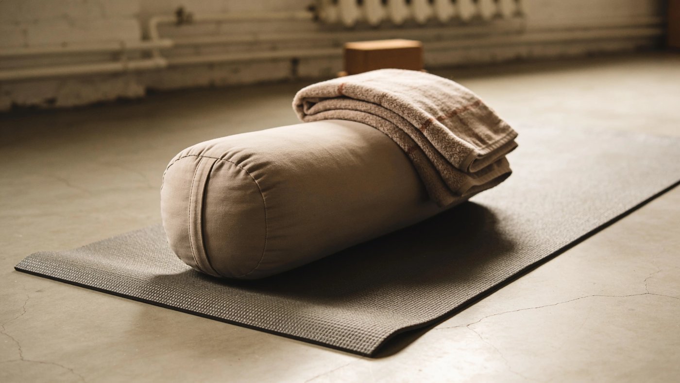 Yin yoga - yoga matı üstünde bolster ve battaniye